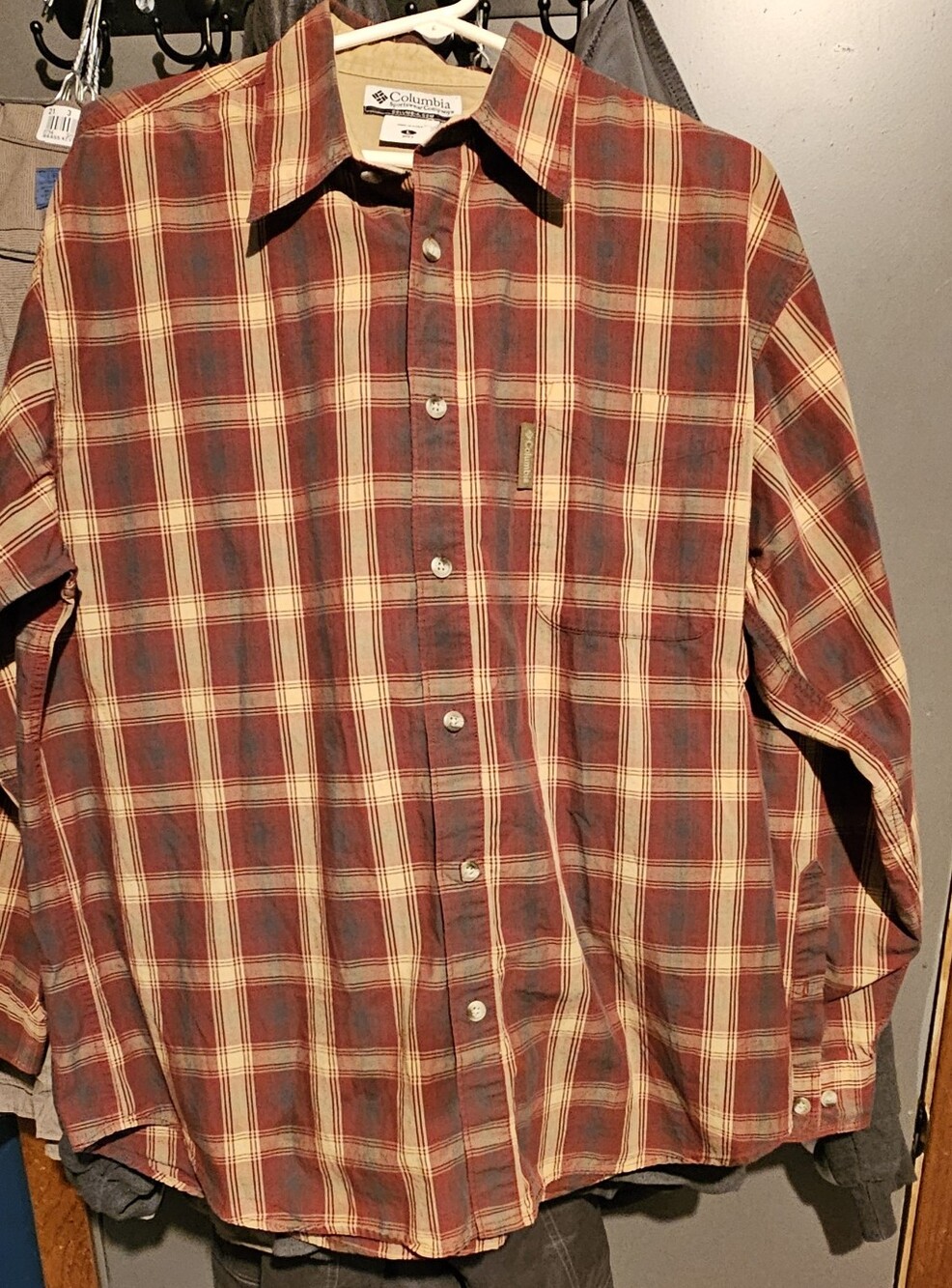 Columbia Men's Red and Cream Plaid Button-Down Shirt
